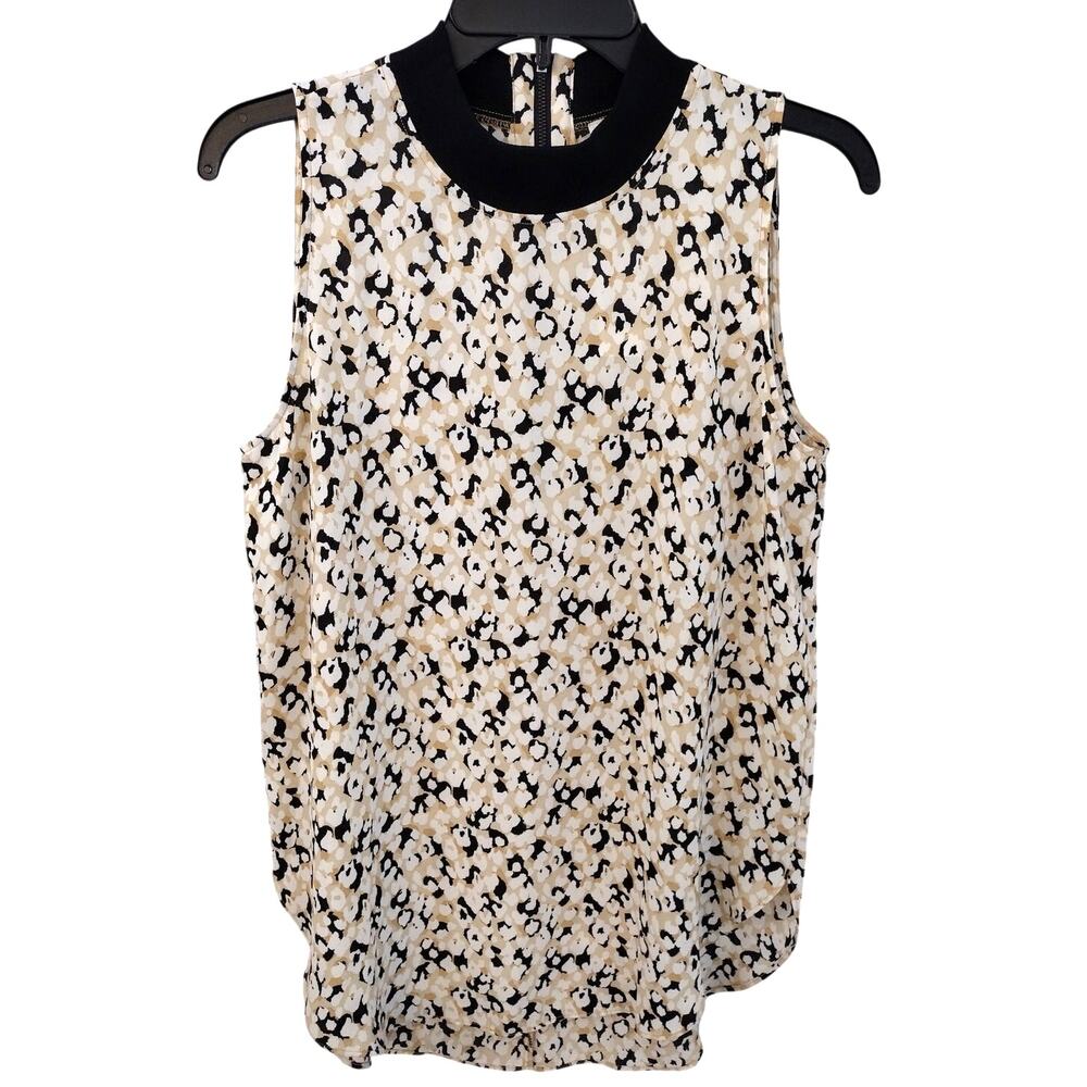 LOFT NEW Tan/Black Abstract Animal-Print Sleeveless Mock-Neck Chiffon Top Small